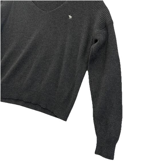 Abercrombie & Fitch Sweater Women L Gray Ribbed Knit Moose Logo Cropped Boxy - Picture 3 of 9